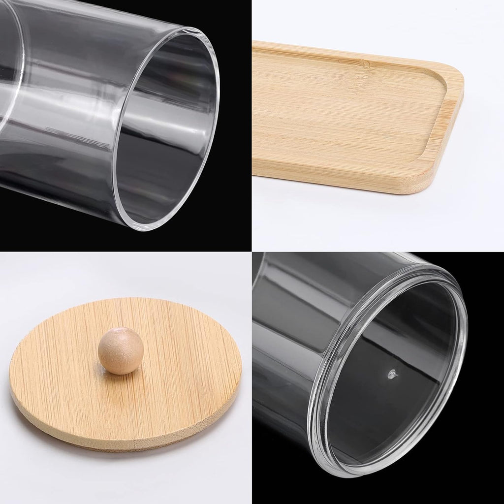 Tbestmax 10 Oz Cotton Swab/Ball/Pad Holder with Vanity Tray, Qtip Apothecary Jar, Clear Bathroom Containers Dispenser for Storage 3 Pack Wood Lids