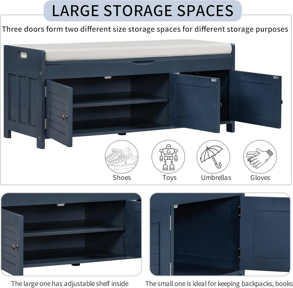 Storage Bench with 3 Shutter-Shaped Doors, Wood Shoe Bench with Removable Cus...