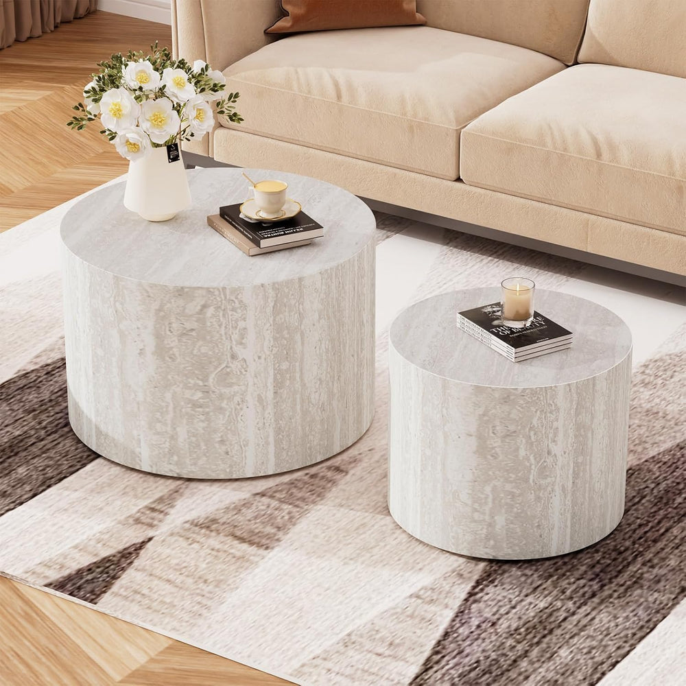 Nesting Coffee Table Set of 2 (C Light Beige Travertine) | Modern Round Coffe...