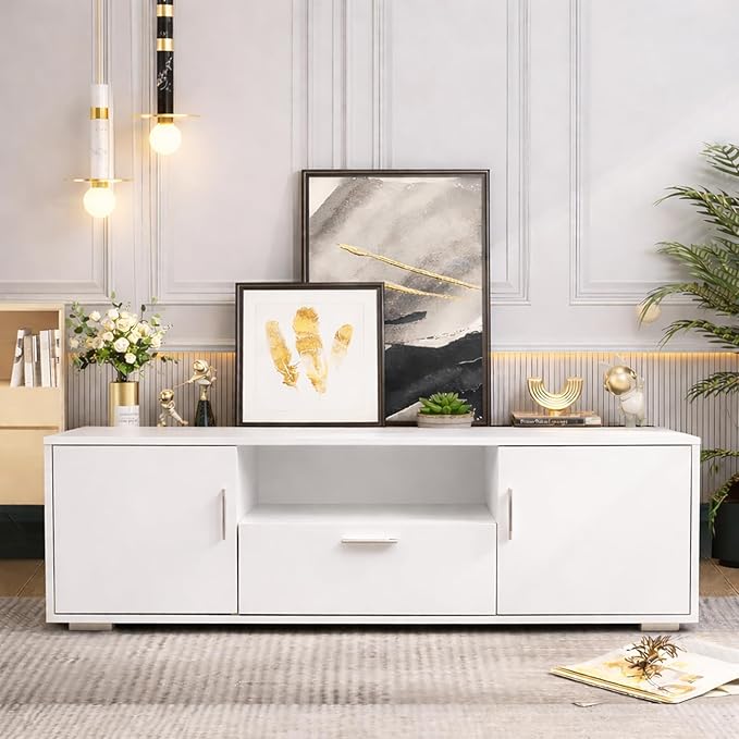 White TV Stand with 16-Color LED Lights, Single Drawer & Double Door Media Console, Supports up to 55 Inch TV & 200 lbs, Modern Entertainment Center