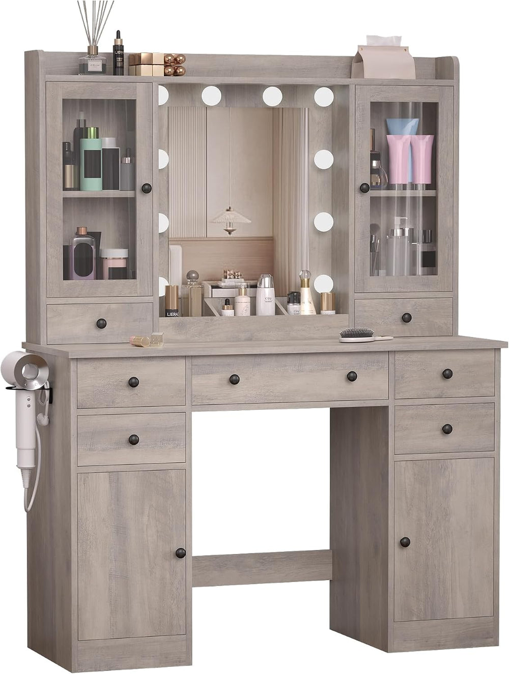 Wodeer Vanity Desk with Mirror and Lights, 43" Grey Makeup Vanity Set wi...