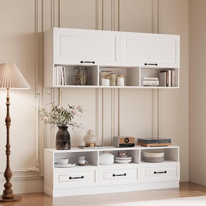 2 Piece Entertainment Center with Storage, Includes 70" TV Stand with Shelves & Drawes, Wall Display Cabinet, Modern TV Console for Living Room, White (Modern White)
