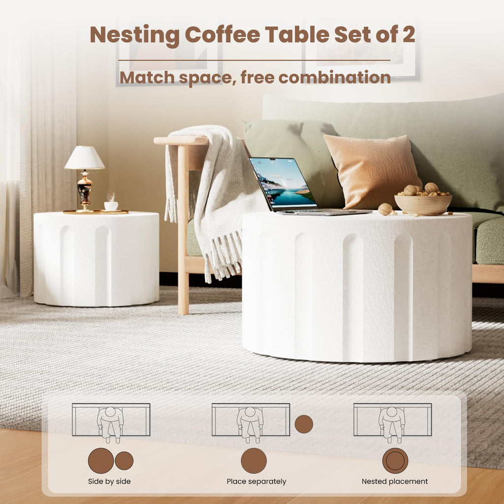 WXFKLDJ Fluted Round Nesting Coffee Table Set of 2, White B, 26.77"+19.69" | Modern Unique Circle Design, Drum Side Tea Table, Space-Saving, No Assembly
