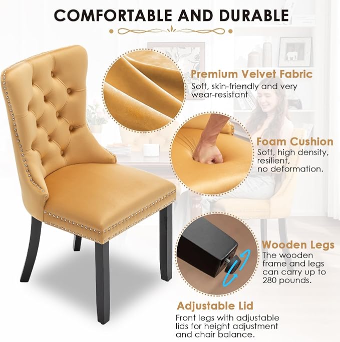 Kiztir Velvet Dining Chairs Set of 2, Upholstered Dining Chairs with Ring Pull Trim and Button Back, Luxury Tufted Dining Chair for Living Room, Bedroom, Kitchen (Gold)