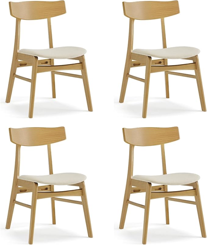 Wooden Dining Chairs Set of 4, Upholstered Modern Dining Room Chairs, Mid Century Oak Kitchen Chairs with Curved Wood Backrest for Kitchen, Restaurant, Farmhouse (Cream Fabric & Original Color)