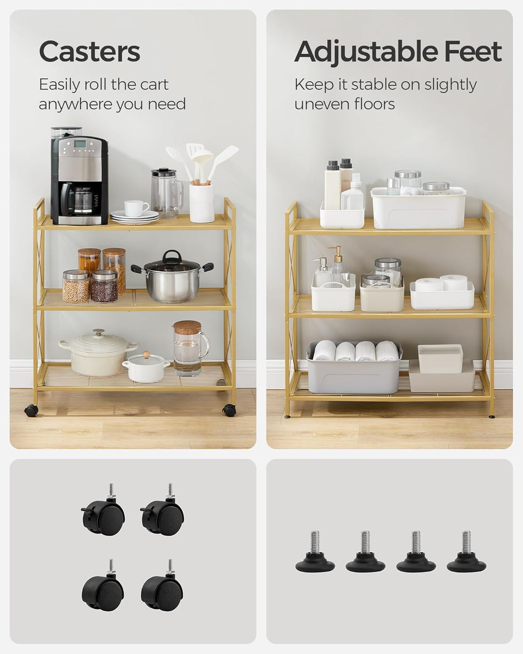 SONGMICS 3-Tier Metal Storage Rack with Wheels, Mesh Shelving Unit with X Side Frames, 31.5-Inch Width, for Entryway, Kitchen, Living Room, Bathroom, Industrial Style, Metallic Gold UBSC183A01