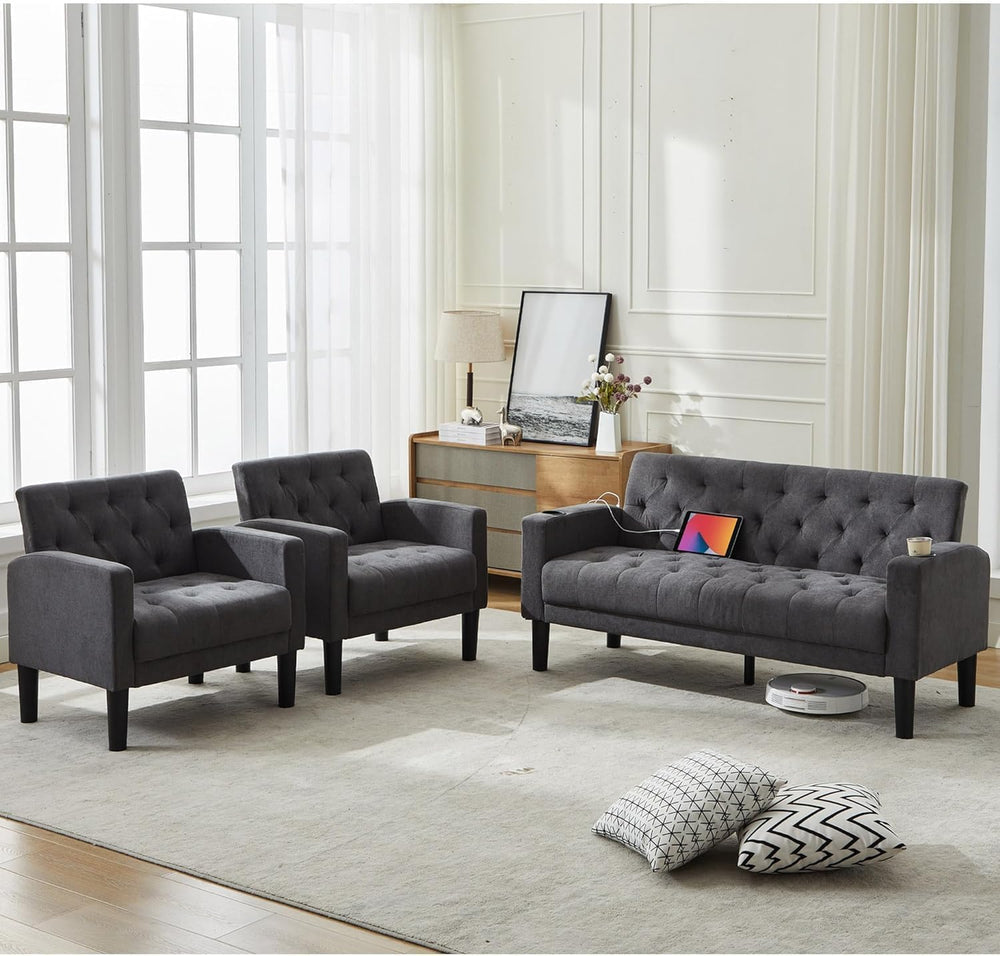 Mid-Century Modern Tufted Loveseat Sofa Set w/ 2 USB & 2 Cupholders
