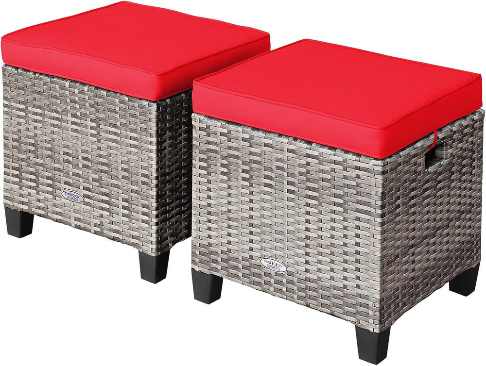 RELAX4LIFE 2-Piece Patio Rattan Ottomans - Outdoor Wicker Furniture w/ 2 Foot...