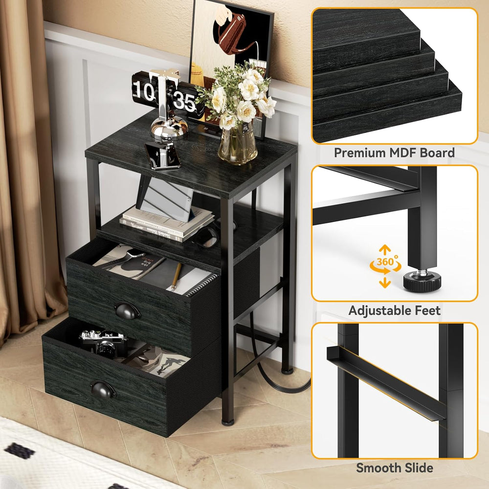 Furologee Nightstands Set of 2, End Tables with Charging Station and LED Ligh...
