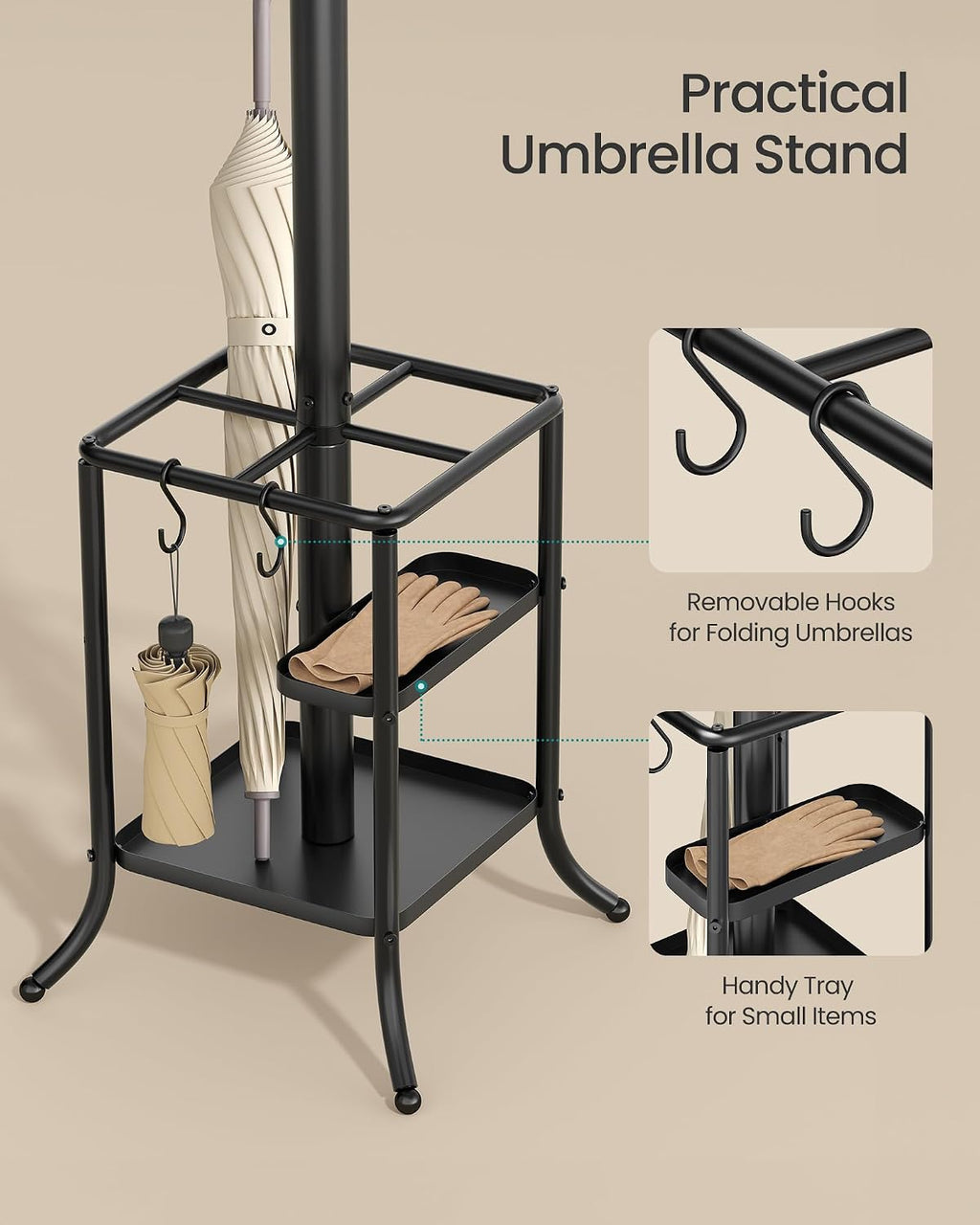 SONGMICS Coat Rack Freestanding with Umbrella Holder, Metal Coat Rack Stand with 12 Hooks, for Entryway, Hallway, Living Room, Bedroom, Ink Black URCR082BH02S