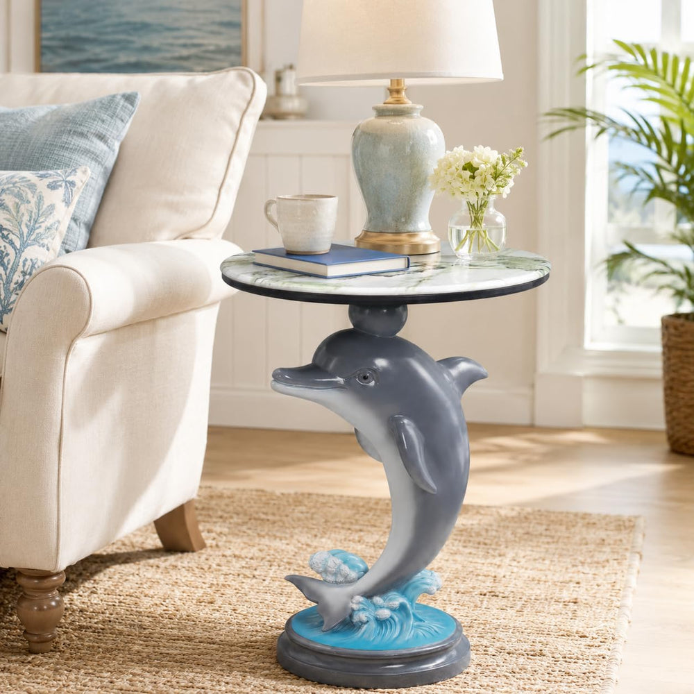 Dolphin Side Table, 25.98 in Animal End Table, Round Marble-Look Top, Hand-Pa...