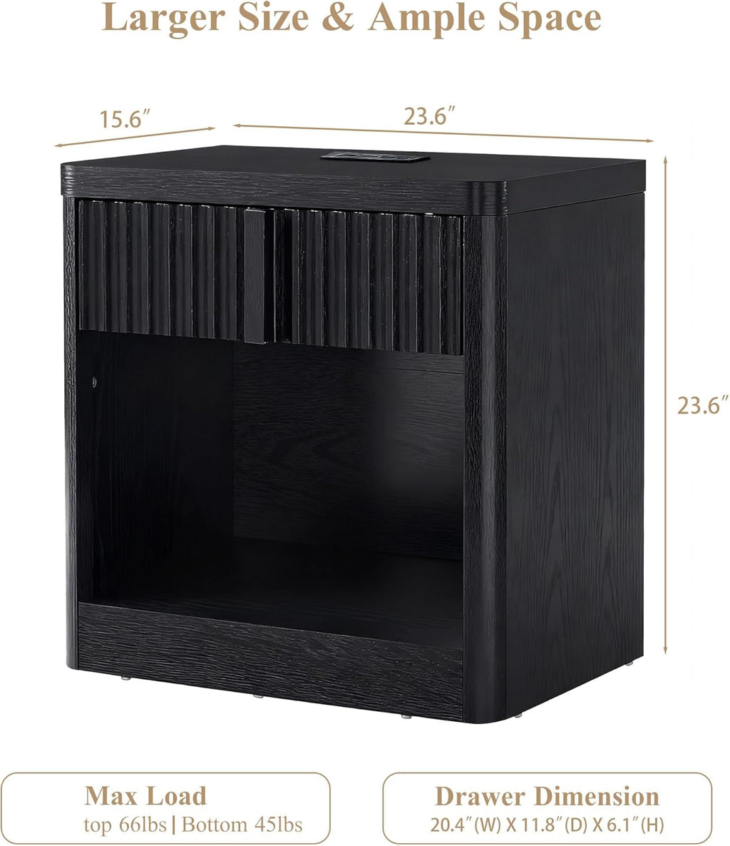 Fluted Nightstand Set of 2 with Charging Station, 23.6" End Table with Open Shelf and Drawers Storage, Bedside Table with Solid Wood Handle, Curved Profile Design, Night Stand for Bedroom