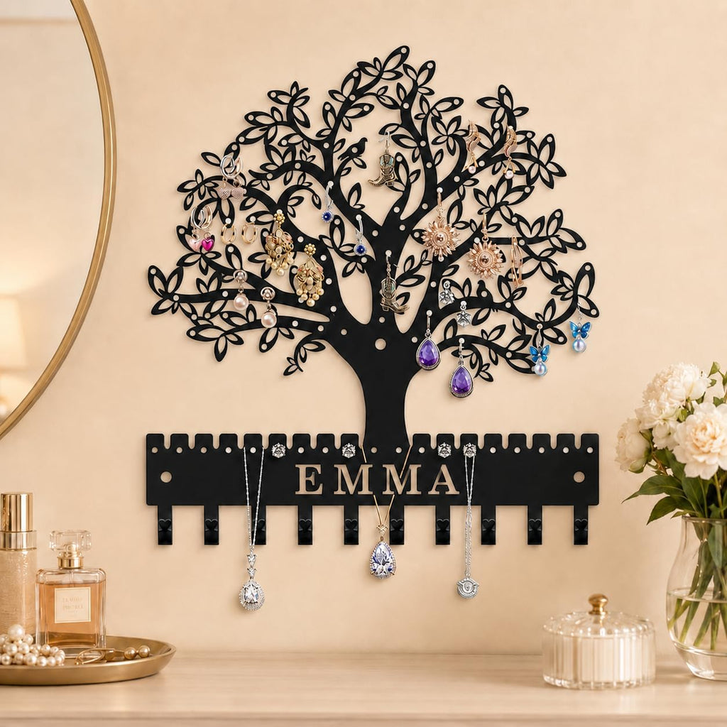 Jewelry Organizer Earring Holder Tree of Life Wall Mounted or Hanging Necklace and Bracelet Holder Metal Jewelry Display with Hooks for Studs Mother’s Day Gift for Women Mom Wife Daughter (Style2)