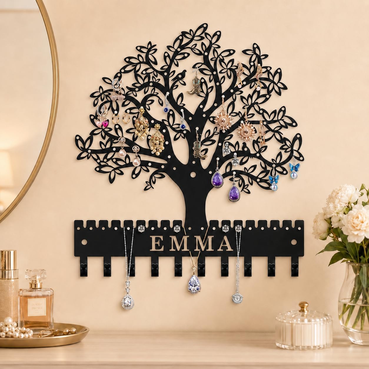 Jewelry Organizer Earring Holder Tree of Life Wall Mounted or Hanging Necklace and Bracelet Holder Metal Jewelry Display with Hooks for Studs Mother’s Day Gift for Women Mom Wife Daughter (Style2)