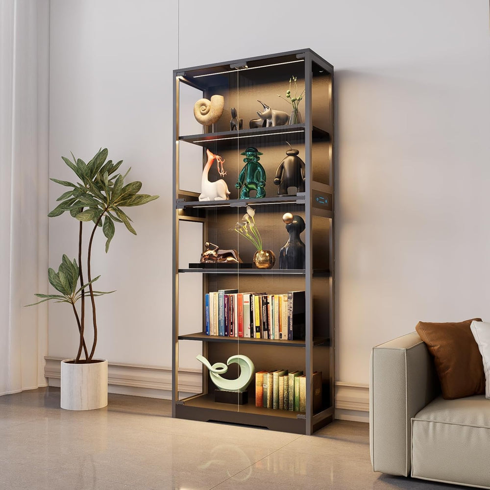 Display Cabinet with Glass Doors, 5-Tier 65" Glass Display Cabinet with ...