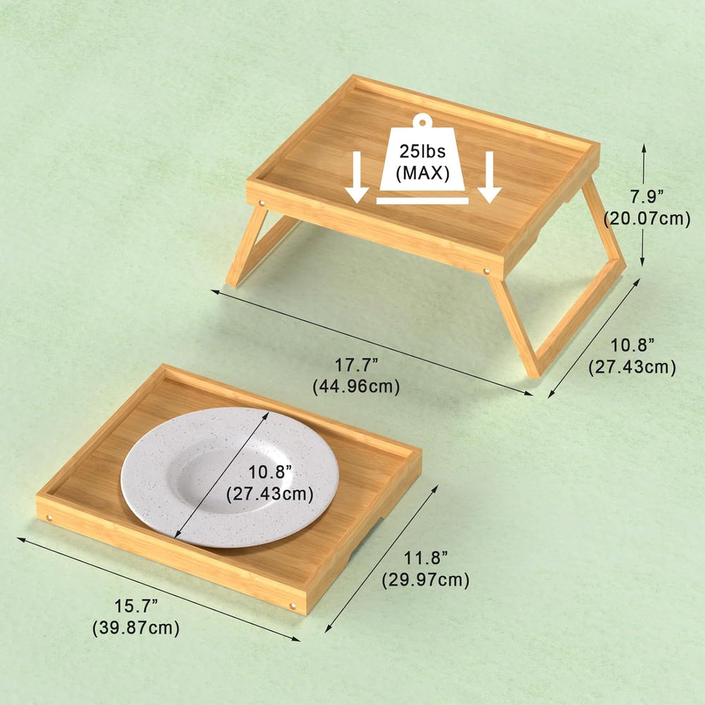 Round Side Table for Small Spaces，Bamboo Bed Tray Table with Foldable Legs