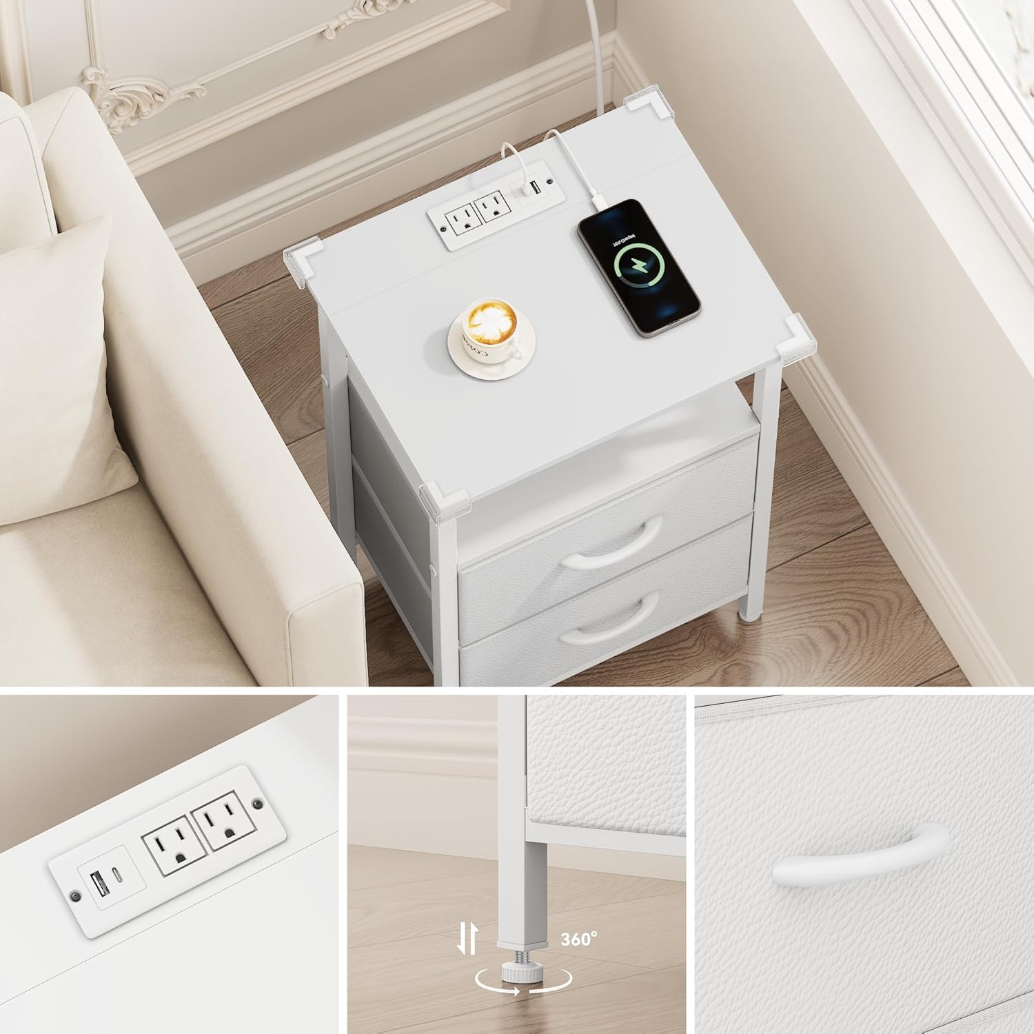 Vagusicc Nightstand Set of 2 with Charging Station, Bed side tables bedroom set of 2 with LED Lights, White Night Stands with 2 Fabric Drawers, 24.2" Tall Bedside Tables with Storage Shelf for Bedroom