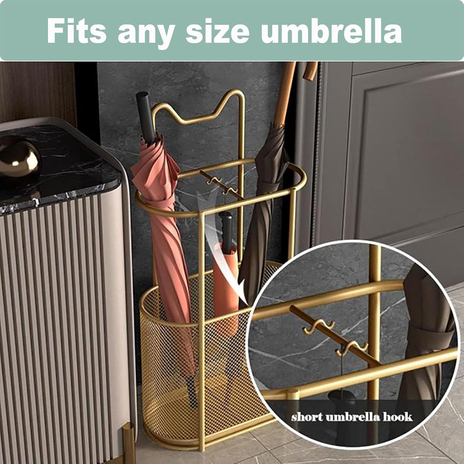 Freestanding Cat Ear Design Umbrella Holder for Entryway,Metal Mesh Umbrella Rack with Hooks & Bottom Drip Tray Storage Organizer Umbrella Stand,for Canes,Umbrellas,Home,Office,Hotel