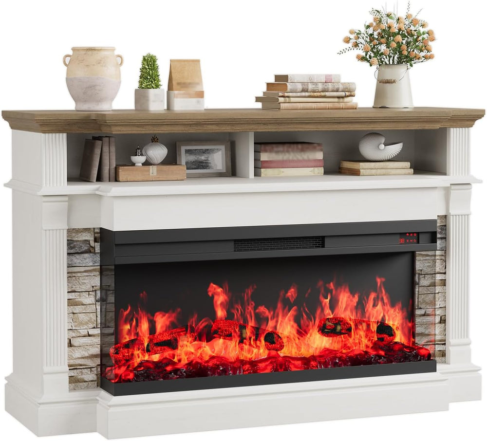 QUW Fireplace TV Stand for TVs up to 65", Farmhouse 52" Fireplace E...