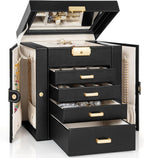 TORIBIO Jewelry Box for Women, Leather Jewelry Organizer with Mirror & Lock, 5-Tier Jewelry Storage Organizer with 4 Drawers for Girls/Women/Mothers, Necklace Earring Bracelets Holder Organizer