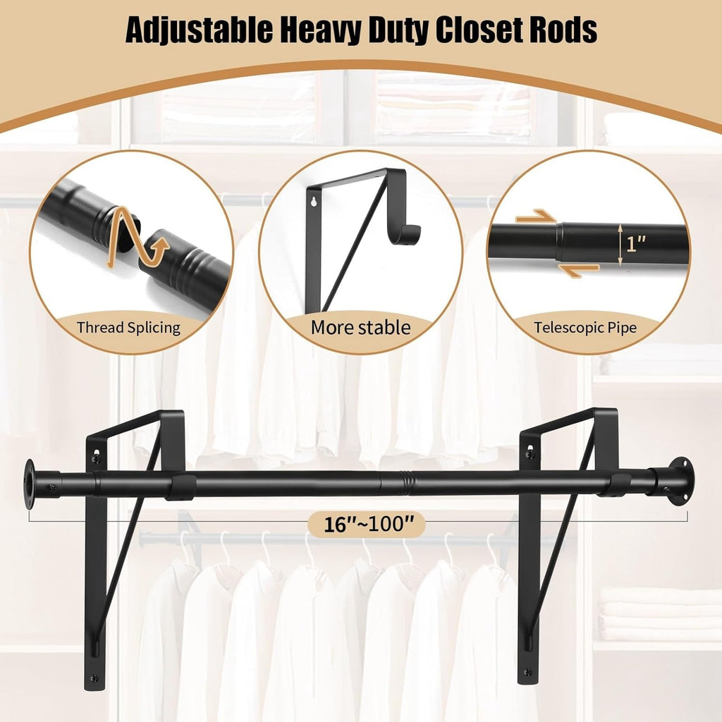 Closet Rod, 16 to 100 Inch Closet Rods Heavy Duty Adjustable Wardrobe Poles for Hanging Clothes and Heavy Duty Bracket Closet Pole Support (The Shelf NOT Included)(Black)