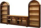 3-Piece Retro TV Stand Set with Bookshelf, Entertainment Center with Arched Design for TVs up to 70'', Farmhouse Media Console with Tempered Glass Doors for Living Room, Walnut
