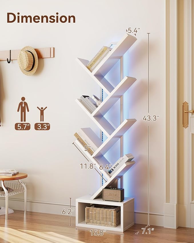 Casaottima White Tree Bookshelf with LED Light Strip — 6-Tier Small Floor Sta...