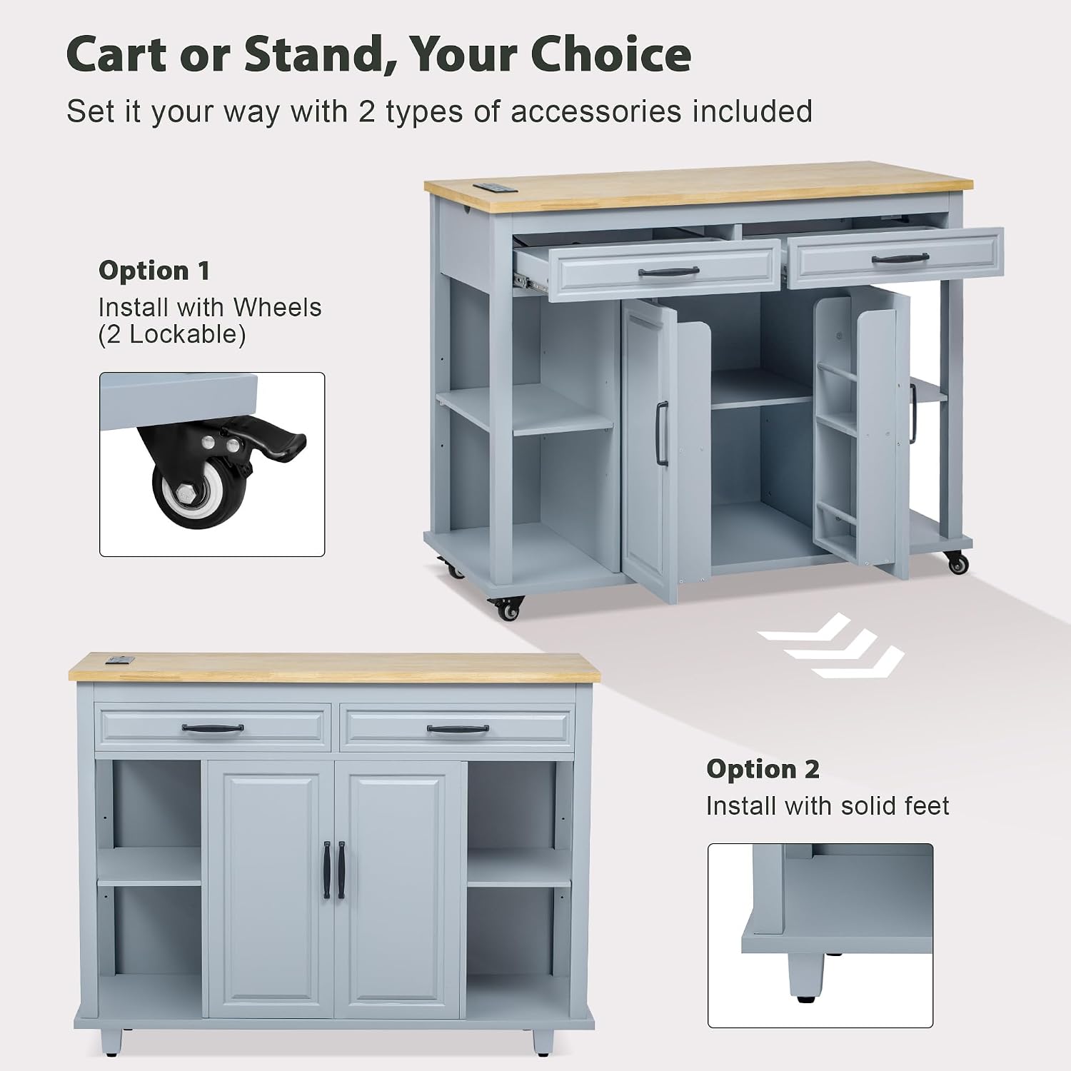 Kitchen Cart with Rubber Wood Drop-Leaf Countertop,Cabinet Door Internal Storage Racks,Kitchen Island on 5 Wheels with Storage Cabinet and 3 Drawers for Dinning Room, Black (Grey+ Blue)