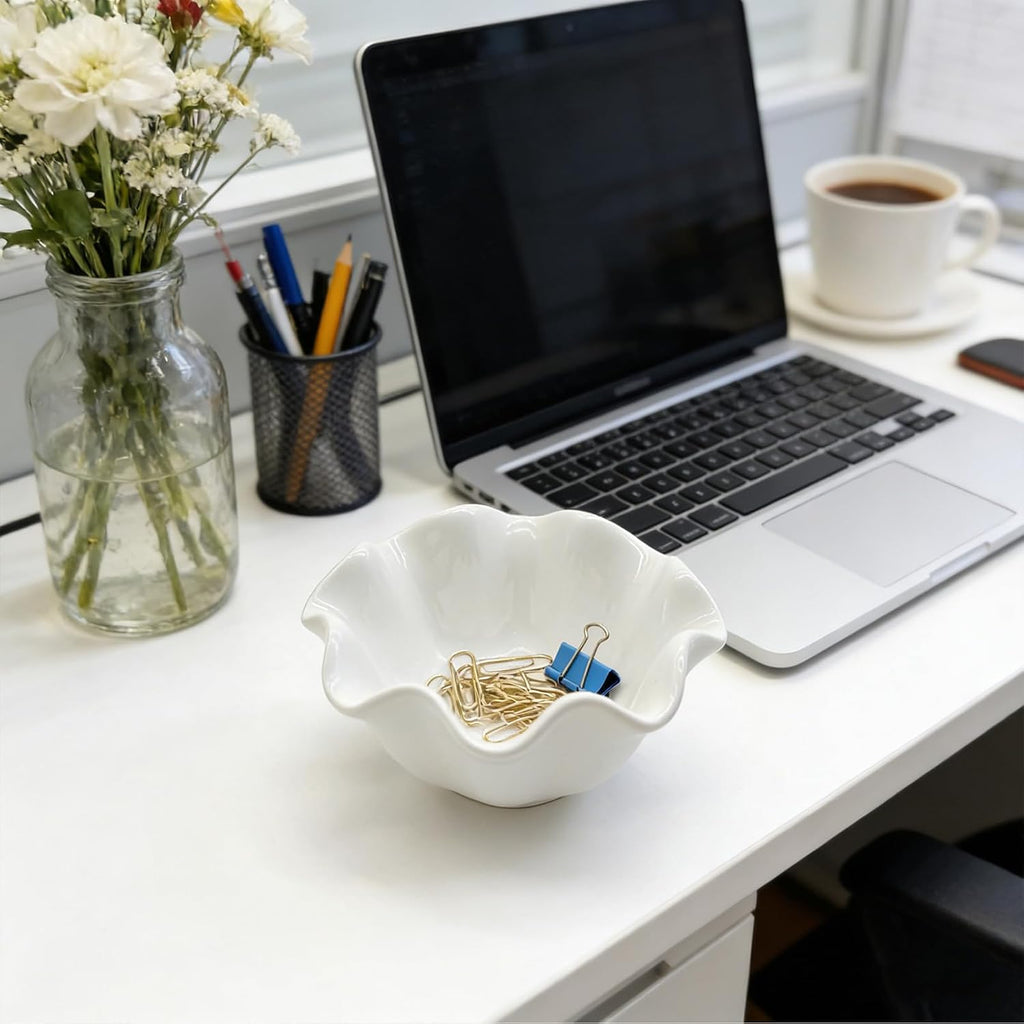 White Flower Jewelry Dish, 3.5″ Lotus Jewelry Bowl Ring Holder, Ceramic Jewlery Tray Cute Vanity Nightstand Bathroom Room Decor Trinket Dish Valentine's Friendship Birthday Gifts for Women Mom