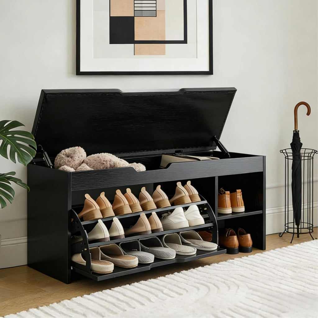 Shoe Storage Bench with a Flip Drawer, Entryway Bench with Removable Cushion, Hallway & Mudroom Organizer with Seat, Front Door Shoe Rack Cabinet, Black
