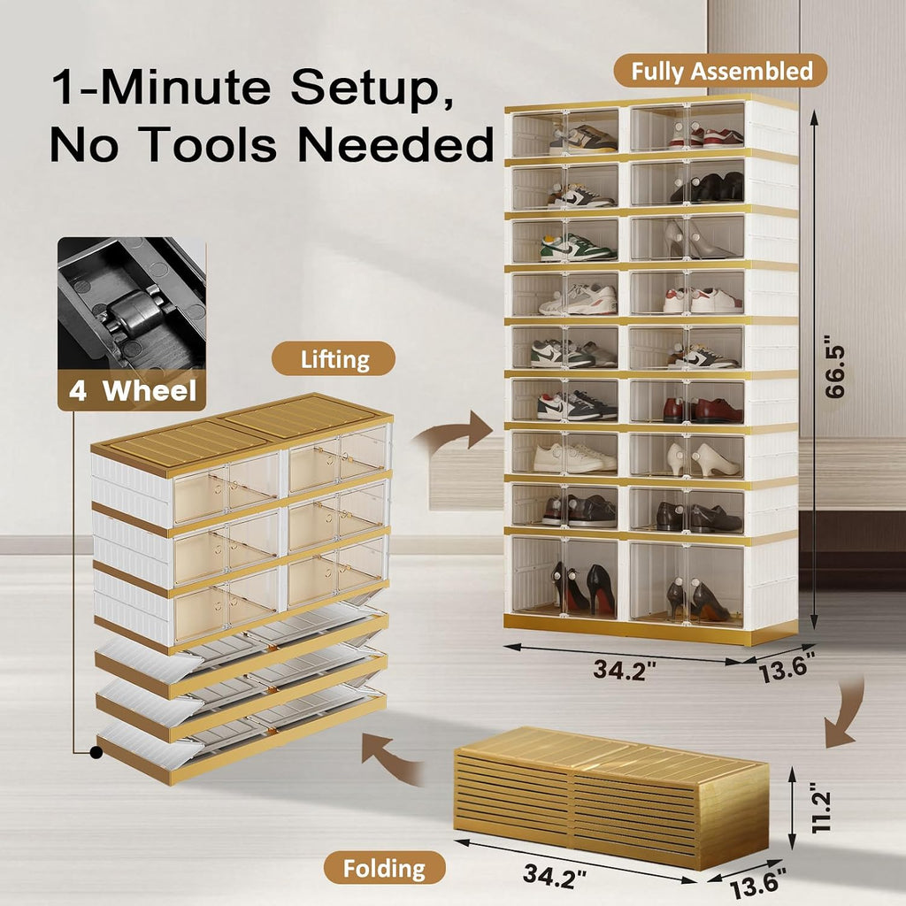SYNCVIBE Shoe Rack Organizer for Closet Entryway Foldable Sneaker Storage Shoe, Collapsible Shoe Cabinet, Stackable Shoe Storage Cabinet with Lids for Living Room (9 Tiers -36 Pairs White Gold)