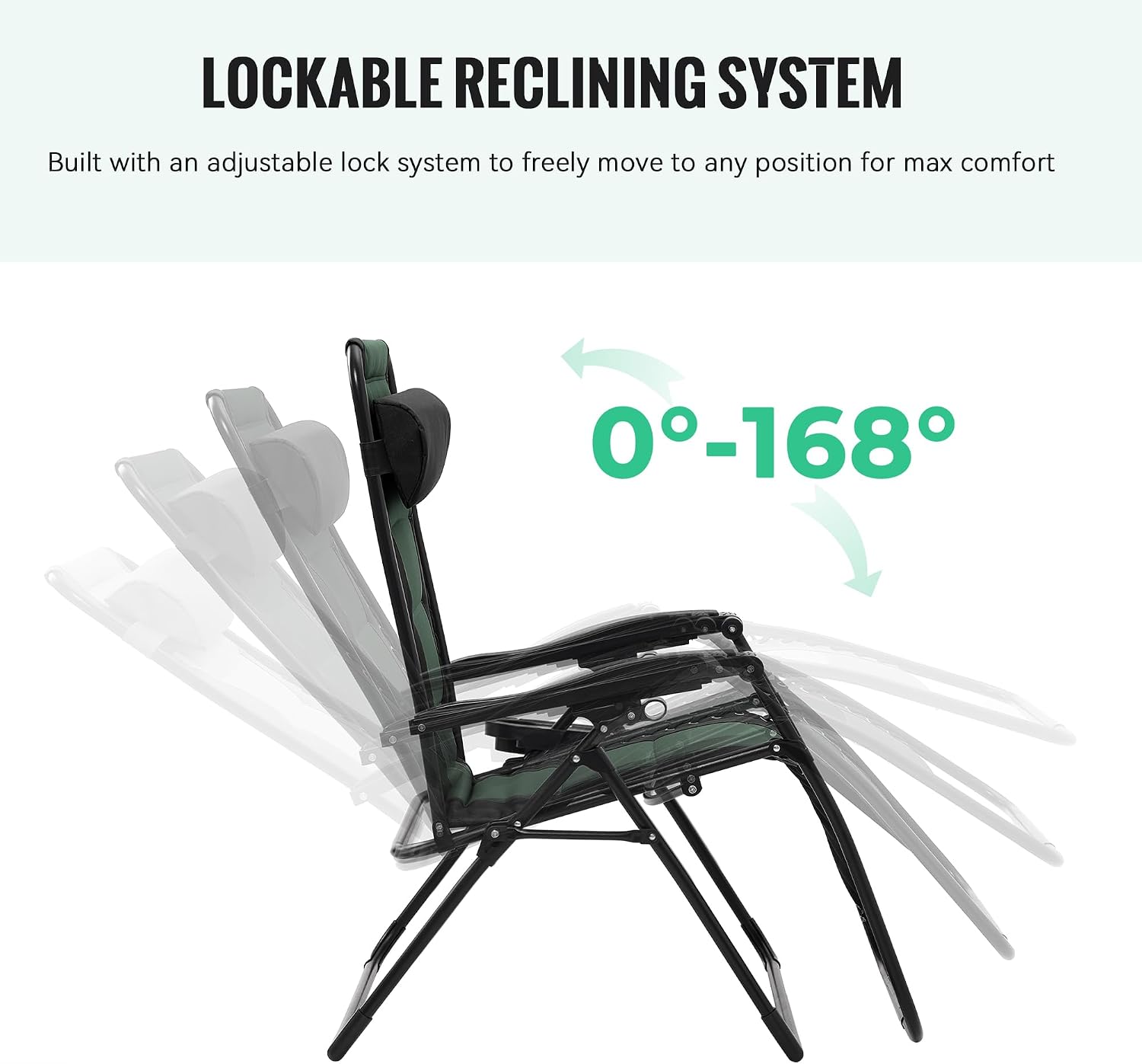JEAREY Oversized Padded Zero Gravity Chairs, Folding Lounge Chair Outdoor Patio Recliner, Anti Gravity Chair for Backyard with Headrest, Cup Holder, Side Tray, Polyester Mesh - Black/Dark Green
