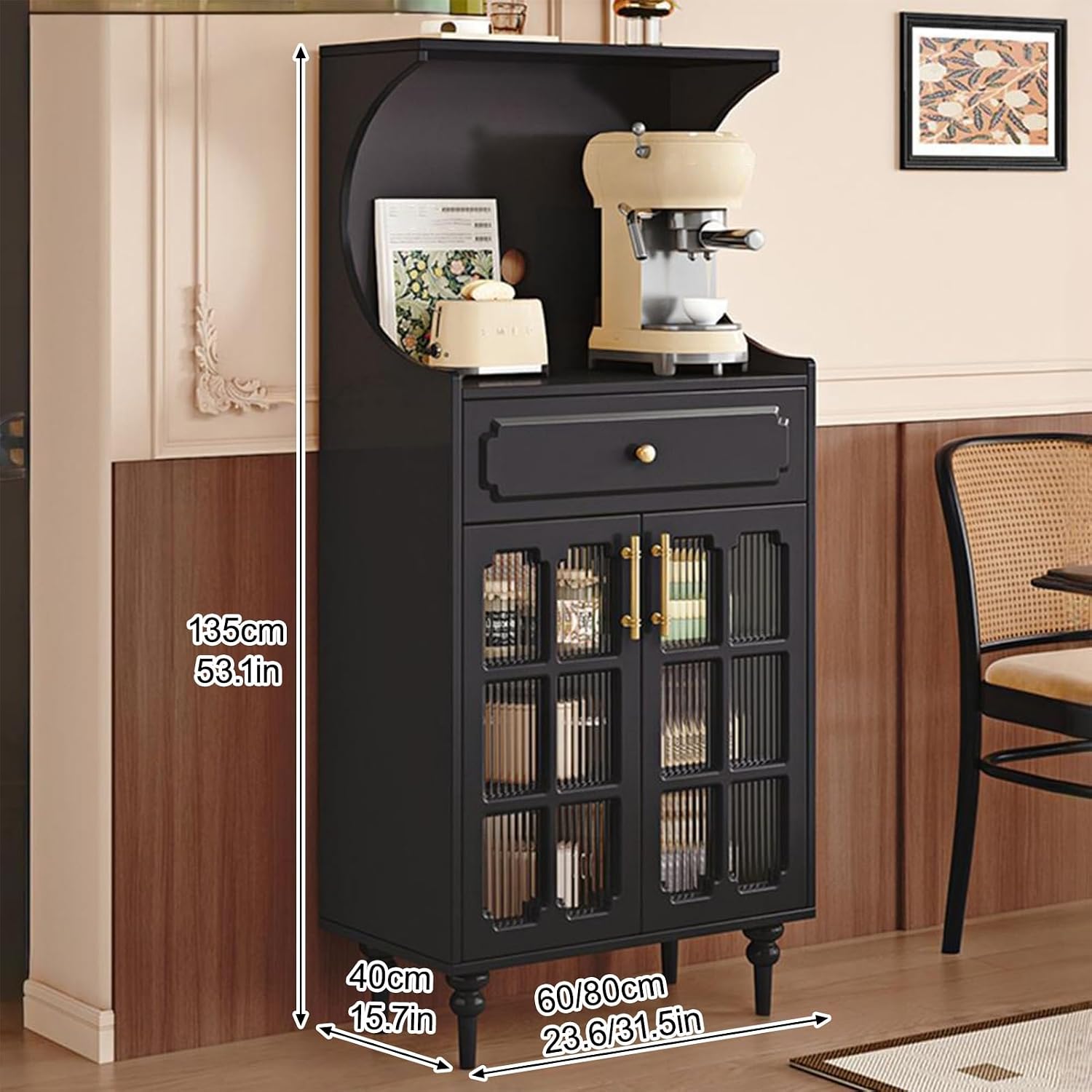 Kitchen Pantry Cabinet, Tall Storage Cabinet, Arched Bookshelf Bookcase, Coffee Bar Workstation, Tall Food Pantry Funiture for Living Room,Dining Room(Black,135x80cm/53.1x31.5in)