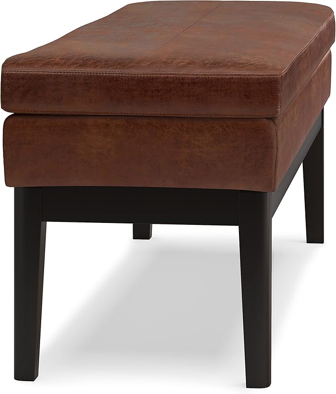 SIMPLIHOME Carlson Ottoman Bench in Distressed Saddle Solid Hardwood Frame with Vegan Faux Leather Upholstery, Vintage-Inspired Seating for Living Room, 44.5" Wide, Brown