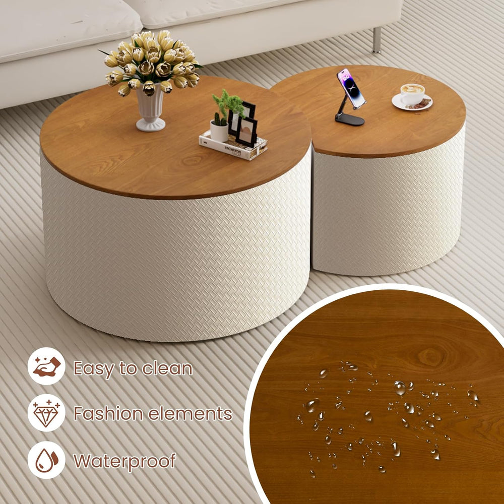 Round Nesting Coffee Table Set of 2 with Storage for Living Room (White) | Mo...