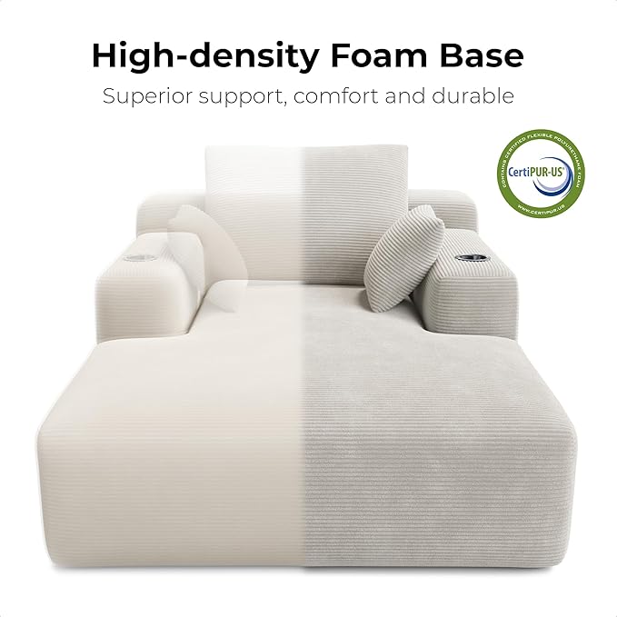 LIKIMIO 71.6" Oversized Chaise Lounge Chair Indoor with Cup Holders & Storage - Corduroy Sofa Bed for Living Room, Reading Nook, or Bedroom, No Assembly Cloud Couch (Greige)