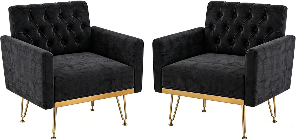 Olela Accent Chair with Arm for Living Room, Velvet Modern Armchair Single Sofa Cozy Tufted Upholstered Reading Side Chairs with Gold Metal Leg for Bedroom Decorate, Black
