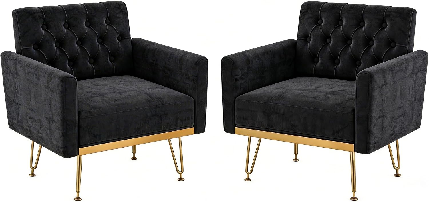 Olela Accent Chair with Arm for Living Room, Velvet Modern Armchair Single Sofa Cozy Tufted Upholstered Reading Side Chairs with Gold Metal Leg for Bedroom Decorate, Black