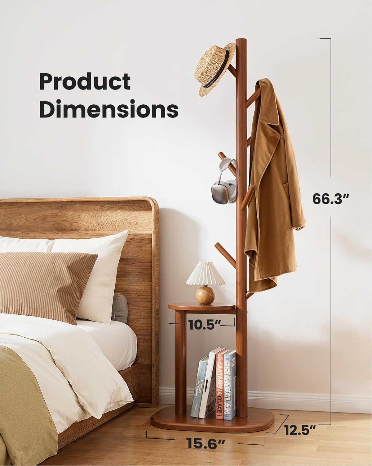 Pipishell Coat Rack, Freestanding Hall Tree with 8 Hooks & Storage Shelf, Solid Wood Base, 66.3″ Tall Coat Rack Stand for Coats, Hats, Bag in Entryway, Bedroom, Living Room, Brown