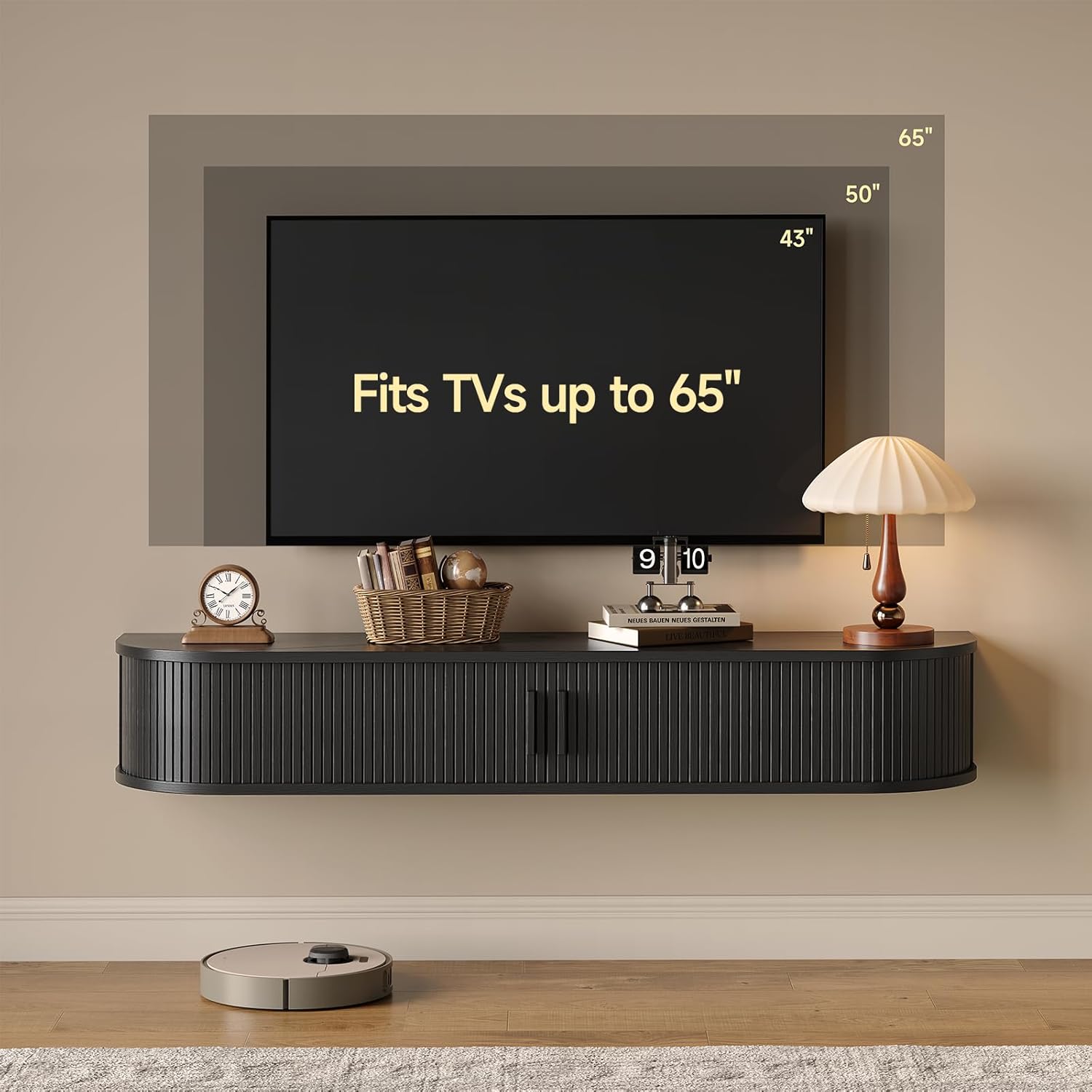 55" Floating TV Stand with Power Outlet for TVs up to 65", Fluted Entertainment Center with Remote Control for LED Lights, Mid-Century Modern TV Console w/Sliding Door for Living Room, Bedroom Black