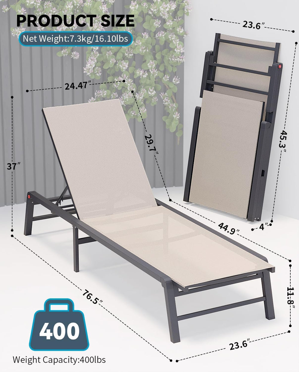 Aluminum Chaise Lounge Chair Outdoor, Foldable Patio Lounge Chair Assemble-Fr...