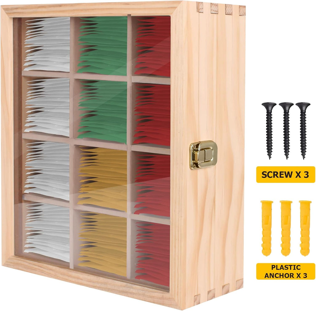 LI.TOPWP Pine Wood Tea Bags Organizer, 12 Compartments Storage Box with Clear Acrylic Window, Multi-Functional Tea Bags Holder for Countertop, Kitchen Cabinet.