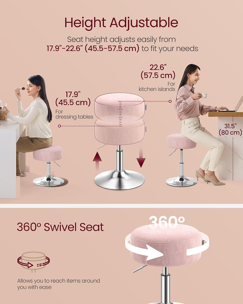 VASAGLE Bar Stool Set of 1, 360° Swivel Vanity Stool, Thick Cushion | Makeup ...
