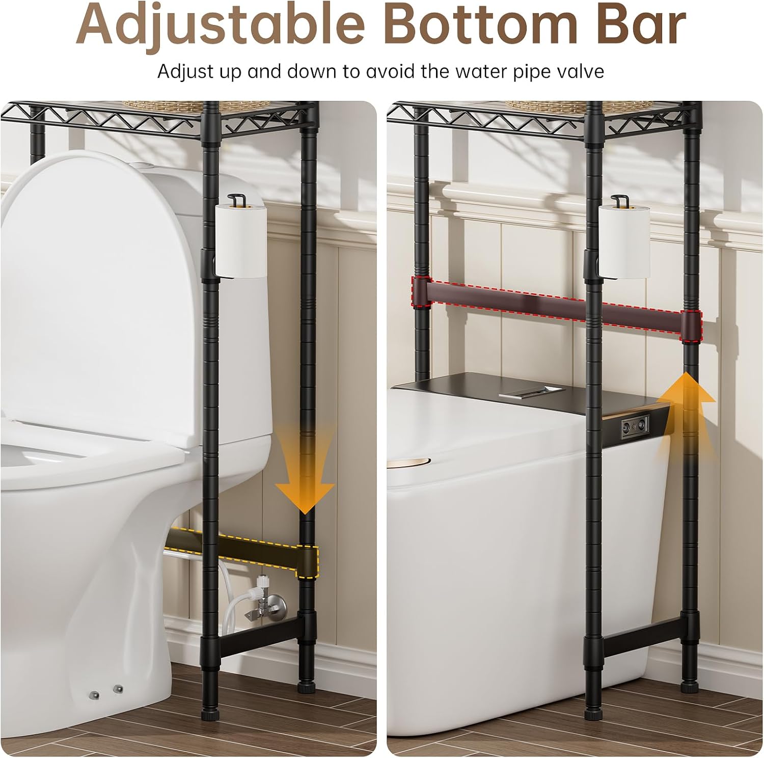 3-Tier Over The Toilet Storage Shelf,Heavy Duty Adjustable Metal Bathroom Rack with Toilet Paper Holder & Hooks,Space-Saving Organizer for Bathroom,10”D x 24”W x 66”H,Black