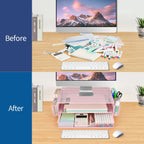 AUPSEN Computer Monitor Stands Riser，2-Tier Desk Organizers and Accessories, Office Desk Accessories Organizer with Drawers and 2 Pen Holder for Office Supplies (Pink)