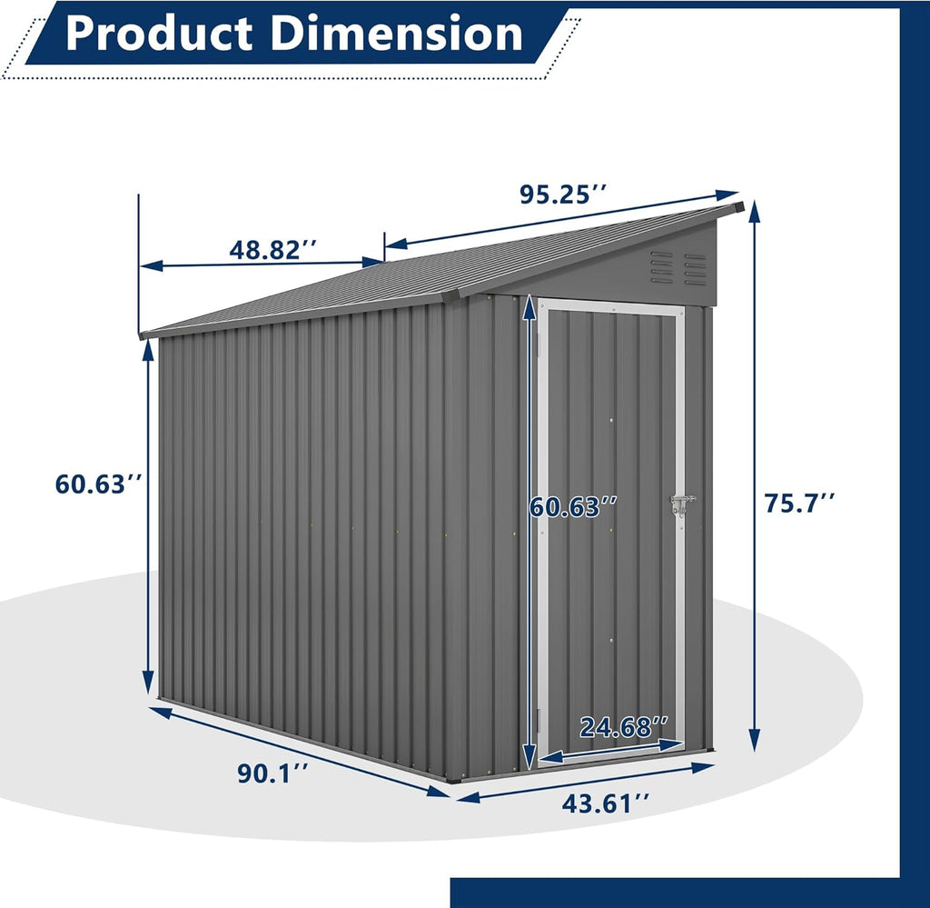 Outdoor Metal Storage Shed 4 x 8 ft, Garden Shed Lean to shed for Bike, Tool Outside Shed with Floor Base, Lock, Door for Backyard, Patio, Lawn, Grey