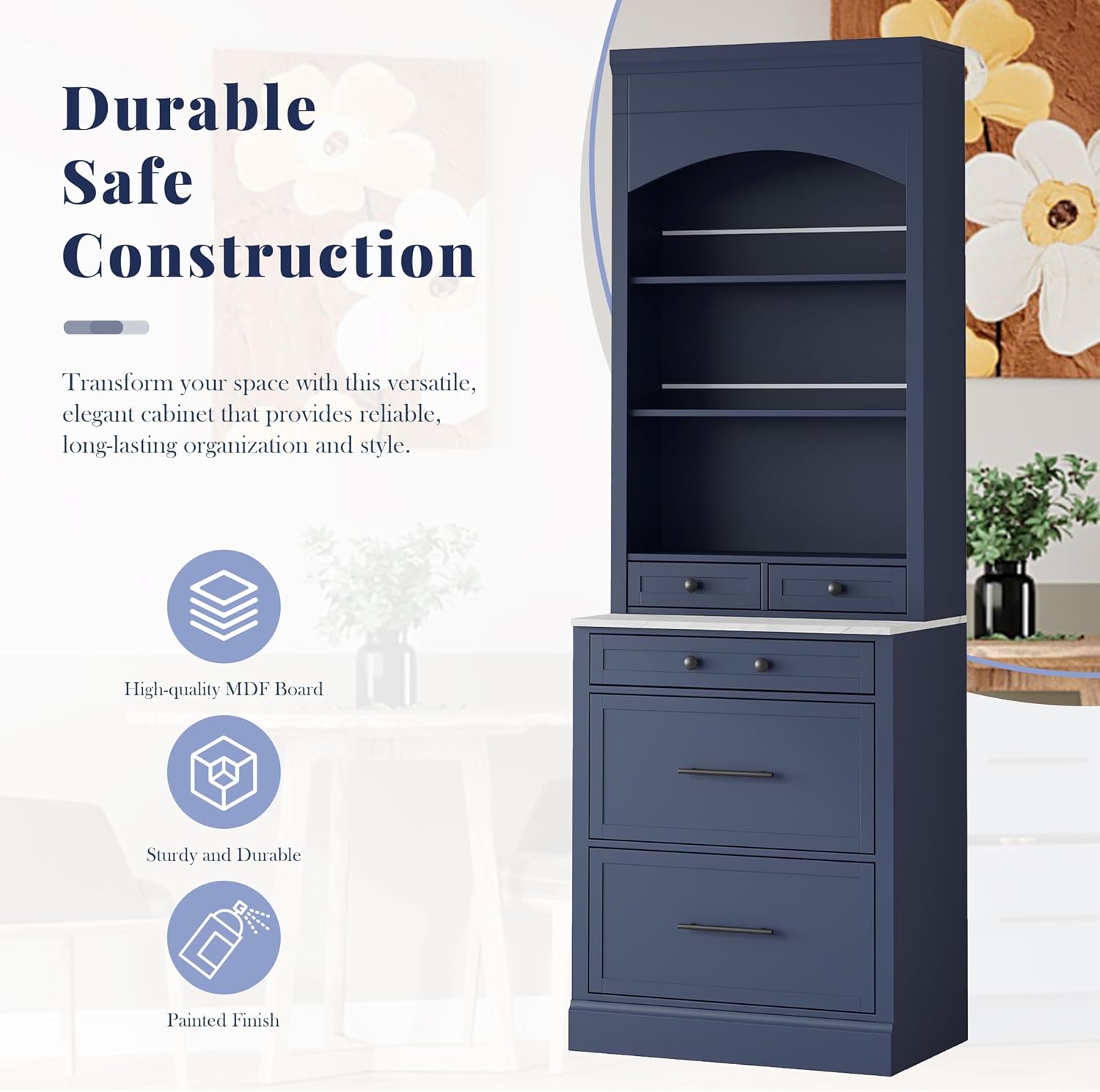 Polibi 83.7''H Kitchen Pantry, Freestanding Tall Kitchen Hutch with 5 Storage Drawers and Adjustable Shelf, Cupboard Storage Cabinet with Faux Marble Top for Dining, Kitchen (Blue)