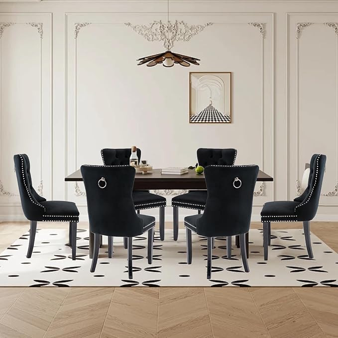 Velvet Upholstered Dining Chairs Set of 6, Modern Style Kitchen Side Chairs with Nailhead Trim and Wood Legs,Metal Pulling Ring for Dining Room Living Room(Black,Set of 6)
