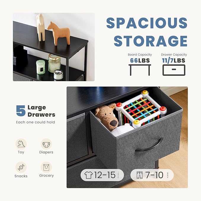 DUMOS TV Stand, Dresser with 5 Fabric Storage Drawers, Media Console Featurin...