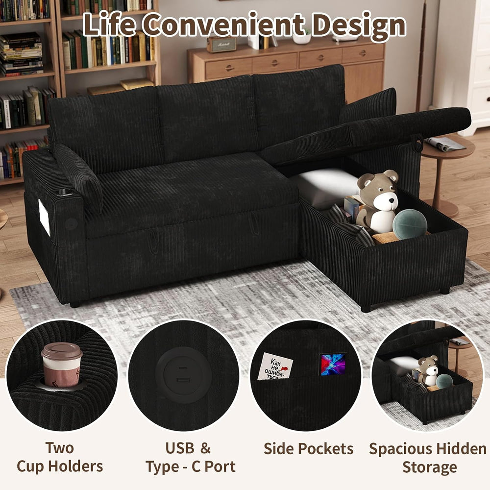3 in 1 Pull Out Couch, Corduroy L Shaped Couch Sleeper Sofa Bed, Black | Reve...